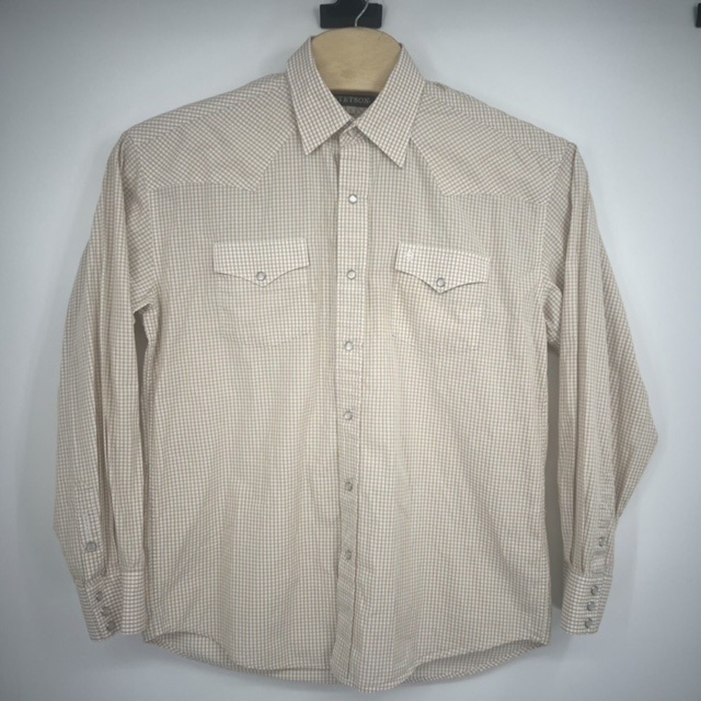 Stetson Mens Long Sleeve Tan and White Check Western Pearl Snap Shirt Size Large